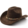 Dark brown suede western cowboy hat with multi-layer colorful beaded ethnic trim decoration - M(56-58cm) / Coffee