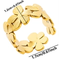 Detailed view of adjustable golden flower ring with 1.2cm floral charms and sizing info - Gold