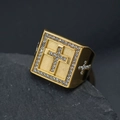 Detailed shot of golden square ring with cross design and clear zircon stones - US 10 / Gold