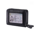 Black litchi leather RFID wallet with double zippers and transparent ID window - Black
