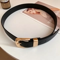 Black leather belt with gold metal buckle and litchi texture on white background - 50# Waist Chain - Blue