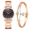 Elegant rose gold watch and star bracelet set with numeric dial on white background - Watch + Bracelet Set / Black