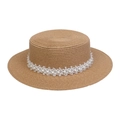 Khaki wide brim straw sun hat with white lace ribbon and faux pearl embellishments - Pearl Lace Decor Band Style (302K)