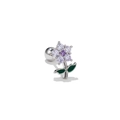 Flower cartilage stud with purple zircon center and green enamel leaves in silver steel - Purple Flower Green Leaf