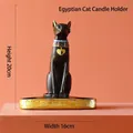 Matzwarte Egyptische Bastet kat kaarsenhouder met gouden reliëfbasis en blauwe kraag - Zwart Goud Egyptische Kat Kandelaar