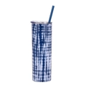 Blue and white checkered skinny tumbler with lid and straw made of stainless steel - TD6 (Blue and White Tie-dye Geometric)