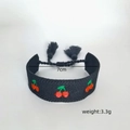 Black woven bracelet with cherry embroidery and tassels, 7cm adjustable wristband - Embroidered Tassel Bracelet (B023) / Black Cherry