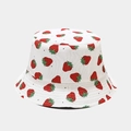 White cotton bucket hat featuring strawberry print and black polka dots with quilted brim - M / White Strawberry