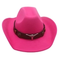 Hot pink felt cowboy hat featuring a leather band and silver bull head metal ornament - Rose Red
