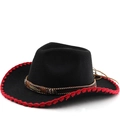 Black wool cowboy hat with red stitched brim and ethnic style feather hatband - M(56-58cm) / Black Red Edge
