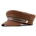 Brown vintage PU leather flat-top sailor hat with rhinestone chain and gold button - Khaki