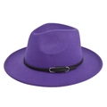 Detailed view of purple wool fedora hat with black leather strap and silver buckle - M (56-58cm) / Purple