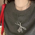 Detail of silver double-layered beaded necklace with bow and grid square pendant - 26# Necklace - Silver - White Bow Double Layer