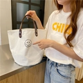 Französische Retro-Polka-Dot-Canvas-Beuteltasche mit Ledergriff und Smiley - Großes Smile Face