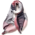 Elegant pink and grey checkered winter scarf with soft fringes on a white background - 180cm / Pink Gray