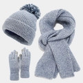 Conjunto de invierno de 3 piezas azul claro con gorro pompon, bufanda y guantes táctiles - Azul