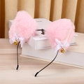Pink plush cat ear headband with white bows and golden bells on metal band - Pink
