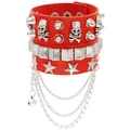 Punk multilayer red PU leather wide bracelet with silver skull rivets and metal chains - Red Zirconia Set