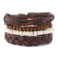 Mehrlagiges Vintage-Lederarmband-Set mit Holzperlen und gewebten Riemen im Boho-Stil - Mehrfarbig