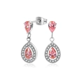 Silver stainless steel teardrop earrings with pink cubic zirconia and pavé stones - One Pair / Steel-Tone Pink Zirconia