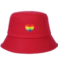 Detailed view of red cotton bucket hat with colorful rainbow heart embroidery patch - Rose Red