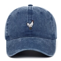 Close-up of rooster embroidery on navy washed cotton denim vintage baseball cap - Navy Blue