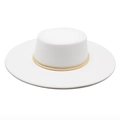 White felt boater hat with a wide brim and decorative gold spring band in a 45-degree view - M(56-58cm) / White