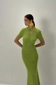 Detail of green knit dress with keyhole neckline, tie-up ribbon and ribbed texture - S / Green