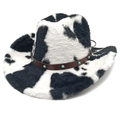 Western cowboy hat with black and white cow print plush and turquoise studded leather band - M (56-58cm) / Straight Top / Black Cow Print