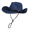 Detail of navy blue straw cowboy hat with leather belt buckle and adjustable chin strap - M (56-58cm) / Navy Blue