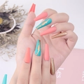 Uñas postizas largas bailarina con diseño mate nude, azul verde y purpurina dorada - Rosa Cerceta Mate Lámina de Oro Mármol (CBLCY-08) / Tipo de Pegamento