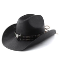 Chapeau de cowboy noir tressé avec sangle ethnique et ornement de crâne de taureau - M (56-58cm) / Tout Noir