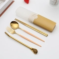 Portable gold stainless steel cutlery set with pink handles in beige travel case - Type B Orange Yellow+Gold