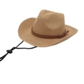 Detail of raffia sun hat texture with brown leather band and adjustable chin strap - One Size (Grass) / Khaki (Yellow Rope)