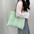 Green and white striped seersucker tote bag with vibrant orange contrast shoulder strap - Green Stripe Orange Strap