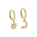 Gold S925 sterling silver asymmetrical earrings with sun and moon cubic zirconia charms - ERH214 Gold Plated