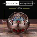 Vintage bronze peacock ashtray with lid, windproof design featuring colorful enamel relief - Red Copper Enamel Peacock