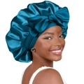 Peacock blue satin hair bonnet for women featuring a large decorative silk bow - Large / Peacock Blue
