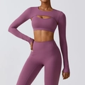 Three-piece mauve yoga set with long sleeve cutout top and high waist leggings - S / Plum Purple