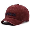 Vintage washed dark red baseball cap with blue NY & JA embroidery and short brim - Adjustable / Red