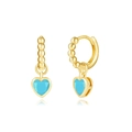 Detail of gold-plated beaded hoop earrings with a faceted blue heart-shaped stone pendant - Beaded Blue Heart Pendant Gold