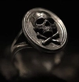 Macro detail of gothic skull and crossbones relief on retro silver punk ring band - US 7 / Antique Silver