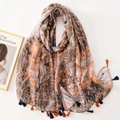 Artistic abstract print scarf with orange and blue tassels in lightweight linen-feel fabric - C1117 Modern Abstract Tie-dye Texture