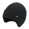 Dark grey knitted ear flap winter hat with vertical rib pattern and metal label - Dark Gray