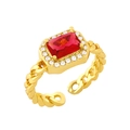 Verstelbare gouden ring met rechthoekige rode zirkoon en een cubaanse schakelband - Open Verstelbaar / Rood