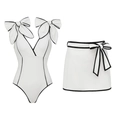 White one-piece swimsuit with black bow accents and matching mini skirt set - S / V-neck Set / White