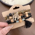 Bohemian multi-layer sandalwood bead bracelet with tree of life charm and black tassel - Black