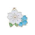 White and blue enamel cherry blossom flower charm with golden edges and green leaves - Large Cherry Blossom Double Flower (14762)