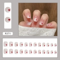 Short square press-on nails featuring a nude pink gradient with red heart patterns - R371 White Lover Glue Style