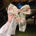 Beige lace hair bow clip featuring elegant pink rose embroidery and vintage ribbons - Long Lace Rose Embroidery Bow